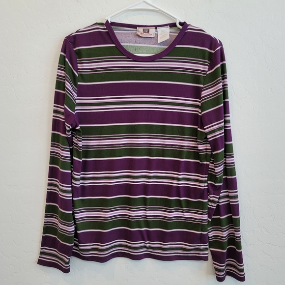 Faded Glory Purple & Green Striped Long Sleeves Pullover Top Women's Size Large - Picture 10 of 10